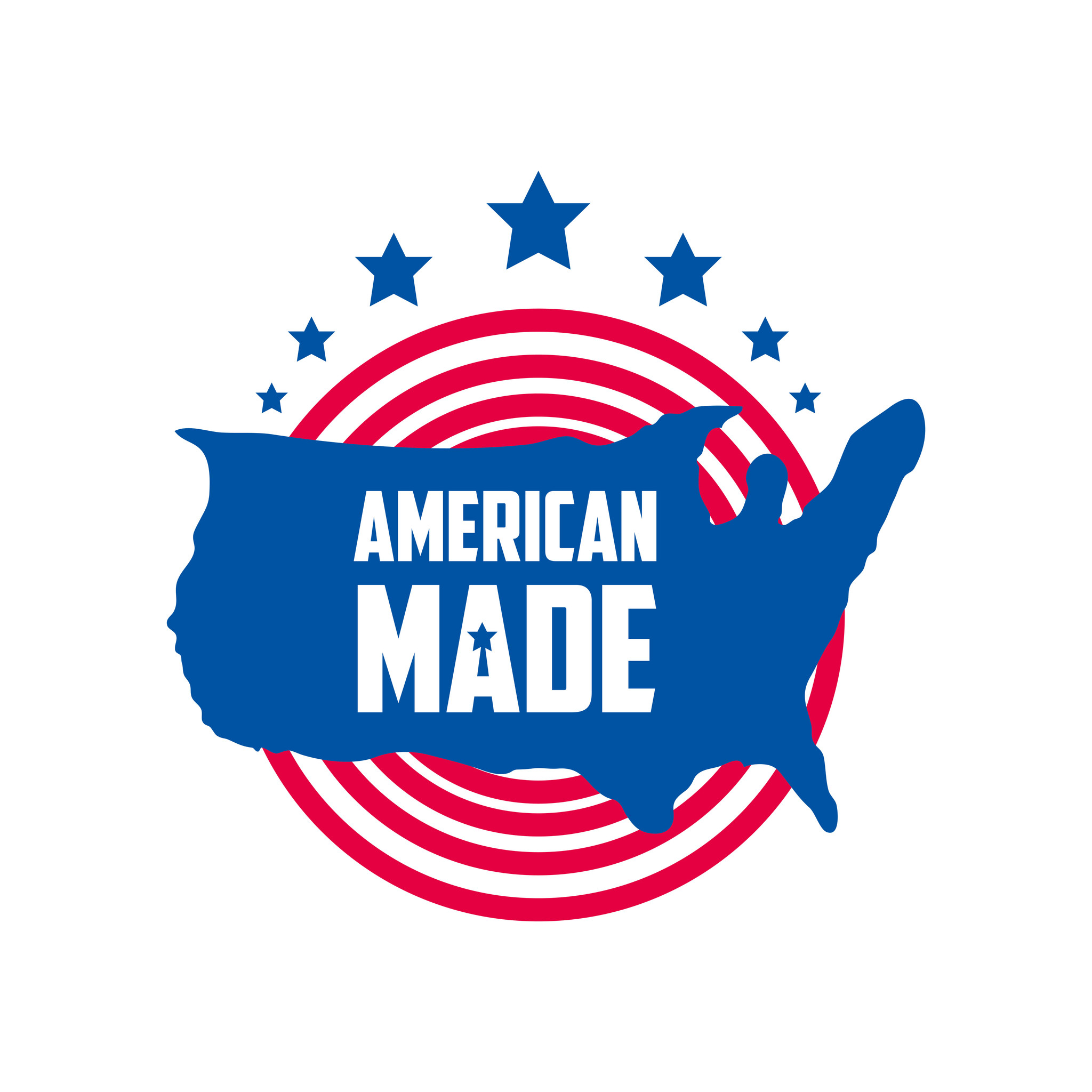 Blue United States map over red concentric rings with white stars, featuring the words AMERICAN MADE in white.